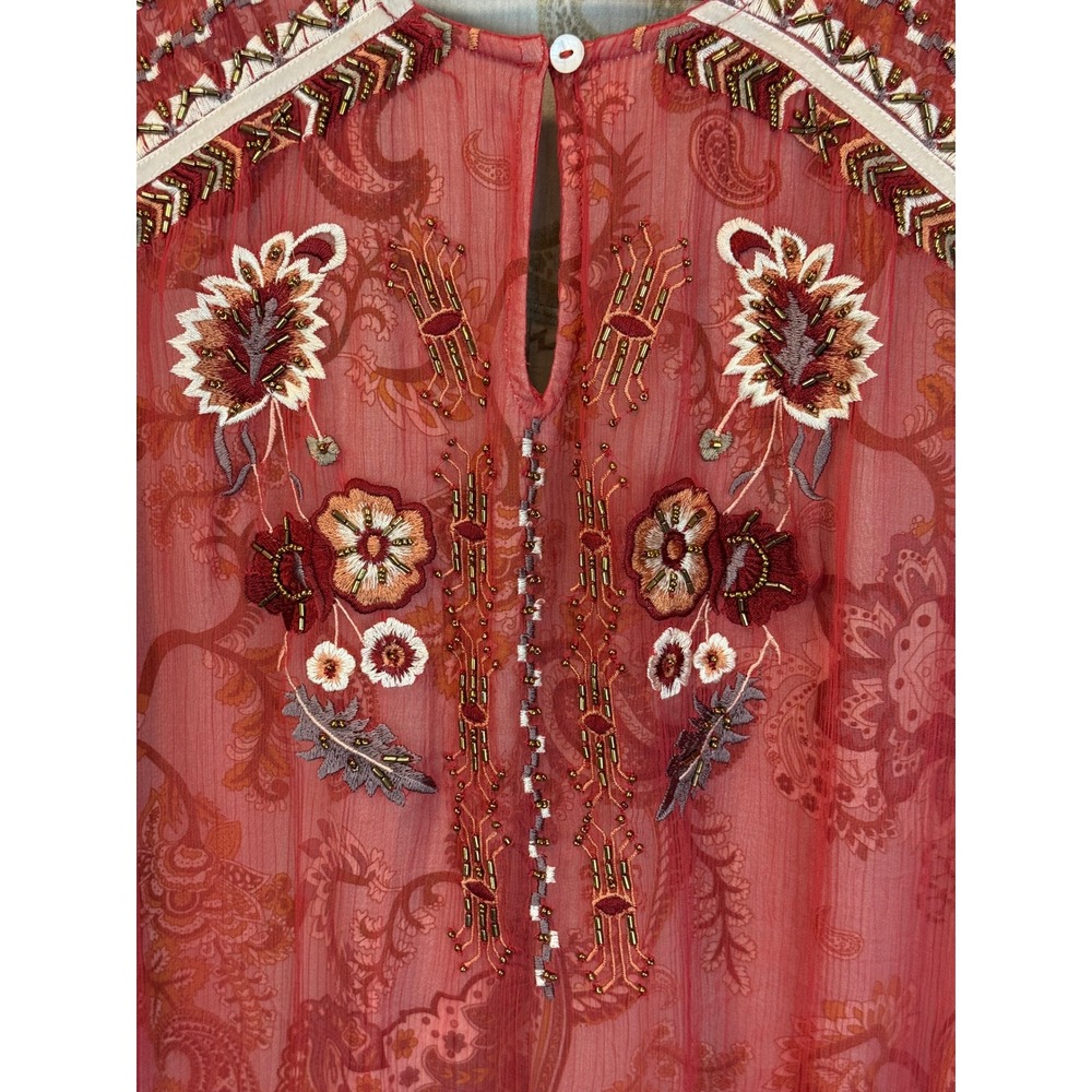 Soft Surroundings Samara Tunic Dark Coral Sheer Embroidered Boho Floral Sz Small - Picture 9 of 11